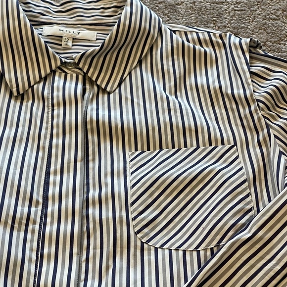 Milly Fractured Sleeve Gray Striped Button Down, Long Sleeve Cotton Blouse, 10 - Picture 14 of 16
